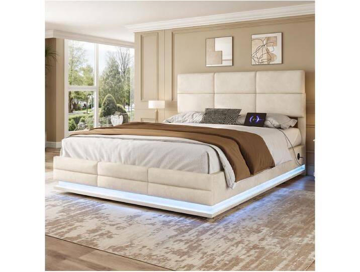 Stauraumbett mit Lattenrost - 140 x 200 cm - mit USB + LEDs - hydraulische Lagerung - Samt - beige von Kauf-Unique Marketplace