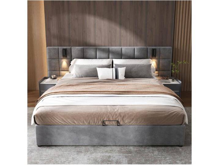Stauraumbett mit verstellbarem Kopfteil – 180 x 200 cm – Samt – mit verstellbarer Lampe und USB – moderner Stil – Grau von Kauf-Unique Marketplace
