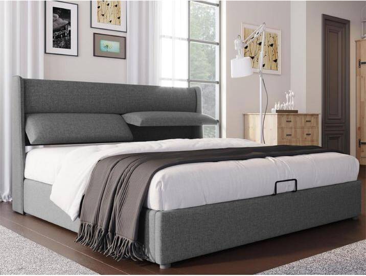 Stauraumbett mit verstellbaren Kopfstützen – 160 x 200 cm – Leinenstoff – Lattenrost – graue Farbe von Kauf-Unique Marketplace