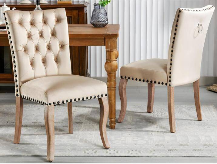 Stuhl 2er-Set aus Kunstleder – Gestell aus Massivholz – Beige von Kauf-Unique Marketplace