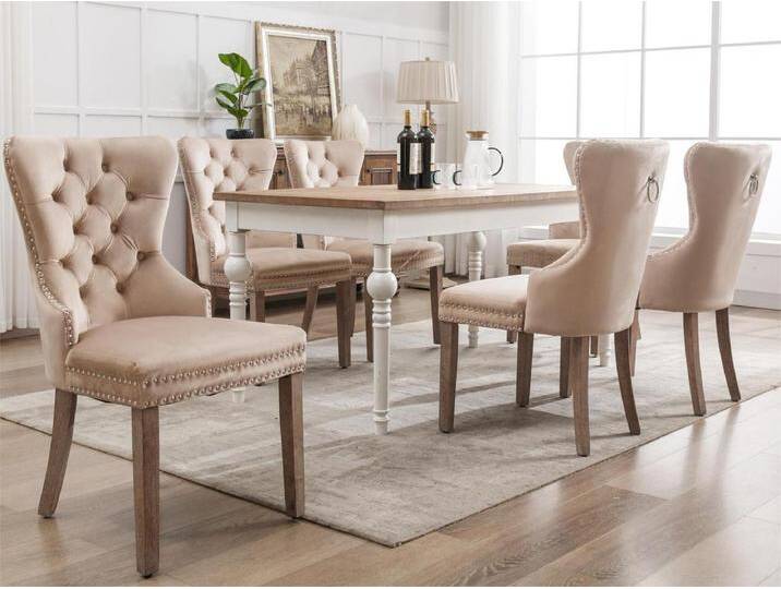 Stuhl 2er-Set aus Samt – Beine aus Massivholz – Beige von Kauf-Unique Marketplace