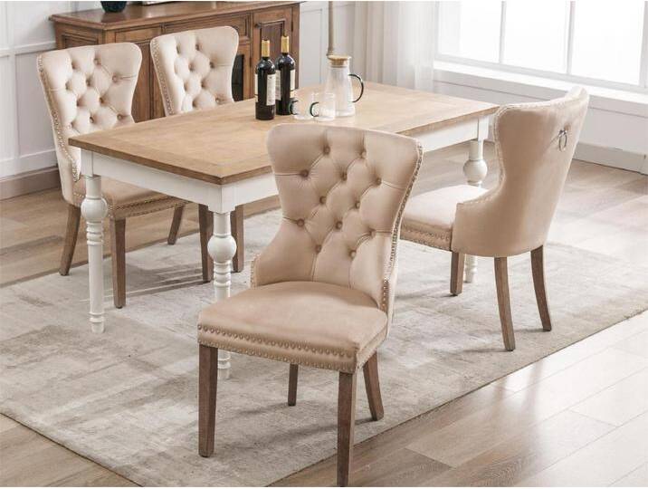 Stuhl 2er-Set aus Samt – Beine aus Massivholz – Beige von Kauf-Unique Marketplace