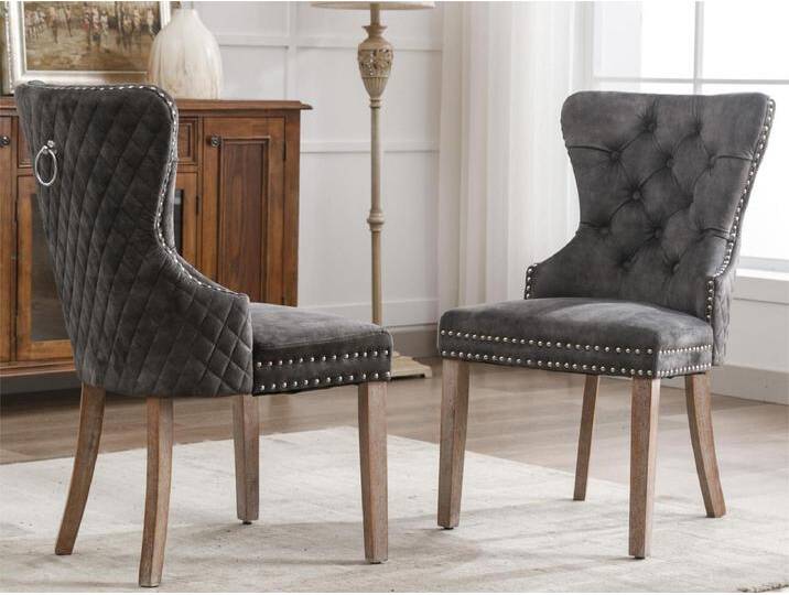 Stuhl 2er-Set aus Samt – Beine aus Massivholz – Grau von Kauf-Unique Marketplace