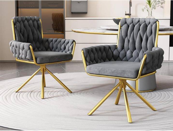 Stuhl 2er-Set aus Samt mit Armlehnen – goldene Metallbeine – Grau von Kauf-Unique Marketplace