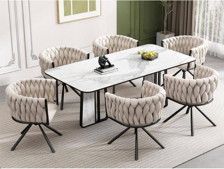 Stuhl 6er-Set aus Samt mit Armlehnen – Metallbeine – Beige von Kauf-Unique Marketplace
