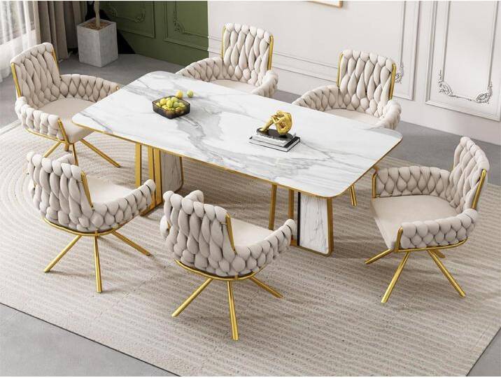 Stuhl 6er-Set aus Samt mit Armlehnen – goldene Metallbeine – Beige von Kauf-Unique Marketplace