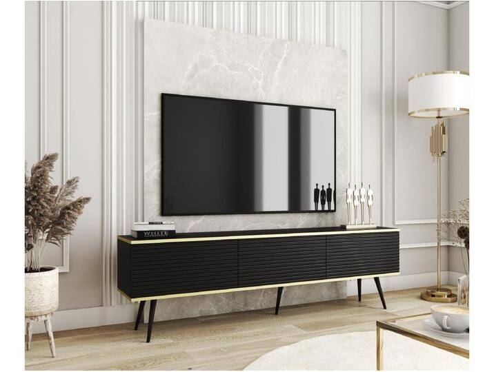 TV-Einheit mit schwarzen Lamellen, schwarzen Füßen, 175 x 30 x 52 cm, Push-to-Open TV-Einheit mit schwarzen Lamellen, schwarzen Füßen, 175 x 30 x 52 cm, Push-to-Open von Kauf-Unique Marketplace
