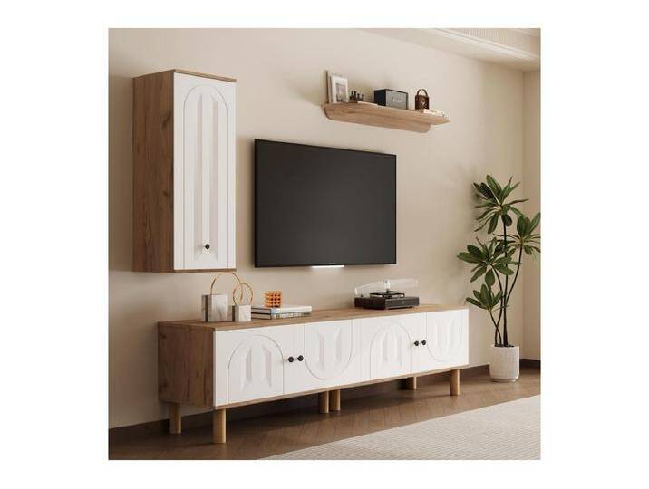 TV-Möbel-Set mit Vitrine und Wandregalen - Spanplatte + MDF - Weiß von Kauf-Unique Marketplace