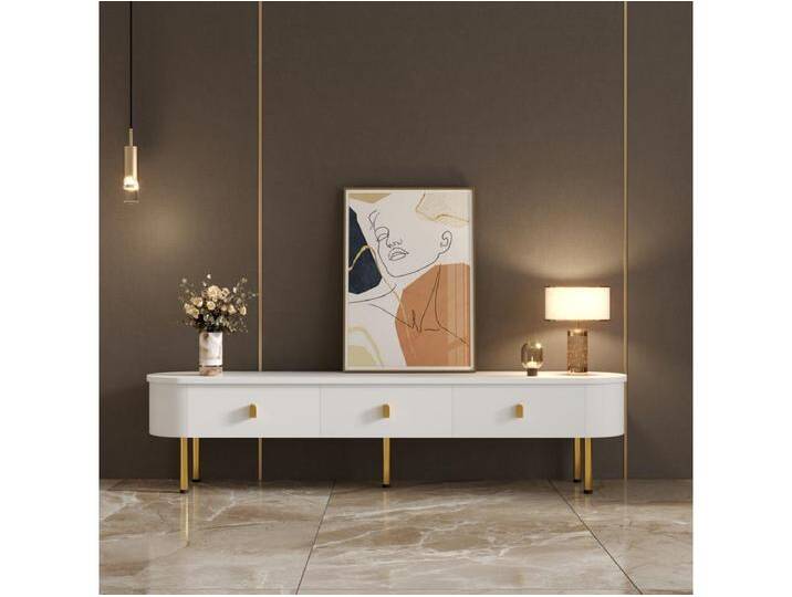 TV-Schrank 174x35x41cm - Lowboard-Schrank mit 3 Schubladen, goldenen Griffen und Beinen, abgerundeten Ecken - aus weißem MDF TV-Schrank 174x35x41cm - Lowboard-Schrank mit 3 Schubladen, goldenen Griffen und Beinen, abgerundeten Ecken - aus weißem MDF von Kauf-Unique Marketplace