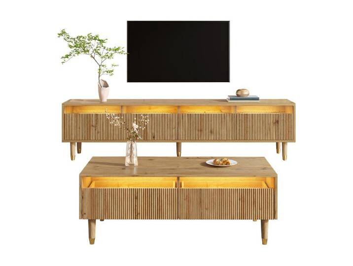 TV-Schrank-Set mit 4 Schubladen + Couchtisch mit 2 Schubladen - mit LEDs - MDF - natur von Kauf-Unique Marketplace