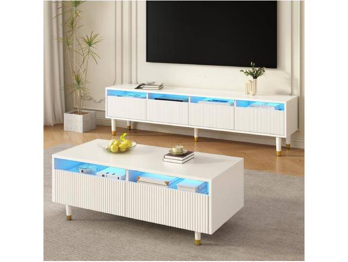 TV-Schrank-Set mit 4 Schubladen + Couchtisch mit 2 Schubladen - mit LEDs - MDF - weiß TV-Schrank-Set mit 4 Schubladen + Couchtisch mit 2 Schubladen - mit LEDs - MDF - weiß von Kauf-Unique Marketplace