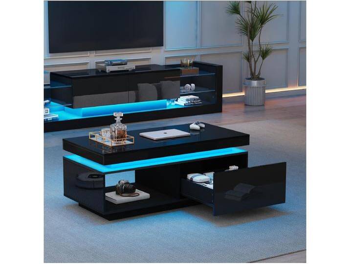 TV-Schrank-Set: 181 x 38 x 38 cm + Couchtisch: 100 x 50 x 40 cm – LEDs – Spanplatte – glänzendes Schwarz von Kauf-Unique Marketplace