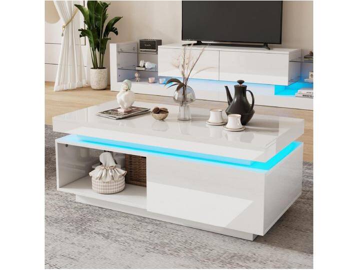TV-Schrank-Set: 181 x 38 x 38 cm + Couchtisch: 100 x 50 x 40 cm – LEDs – Spanplatte – glänzendes Weiß TV-Schrank-Set: 181 x 38 x 38 cm + Couchtisch: 100 x 50 x 40 cm – LEDs – Spanplatte – glänzendes Weiß von Kauf-Unique Marketplace