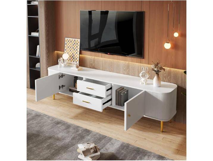 TV-Schrank mit 2 Schubladen und 2 Türen – 170 x 34 x 45 cm – MDF-Holz – goldene Griffe und Füße – Weiß TV-Schrank mit 2 Schubladen und 2 Türen – 170 x 34 x 45 cm – MDF-Holz – goldene Griffe und Füße – Weiß von Kauf-Unique Marketplace