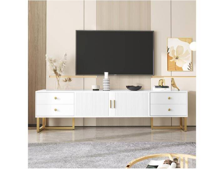 TV-Schrank mit 2 Türen und 4 Schubladen – 175 x 30 x 46 cm – MDF-Holz, goldene Metallbeine und Griffe – Weiß TV-Schrank mit 2 Türen und 4 Schubladen – 175 x 30 x 46 cm – MDF-Holz, goldene Metallbeine und Griffe – Weiß von Kauf-Unique Marketplace