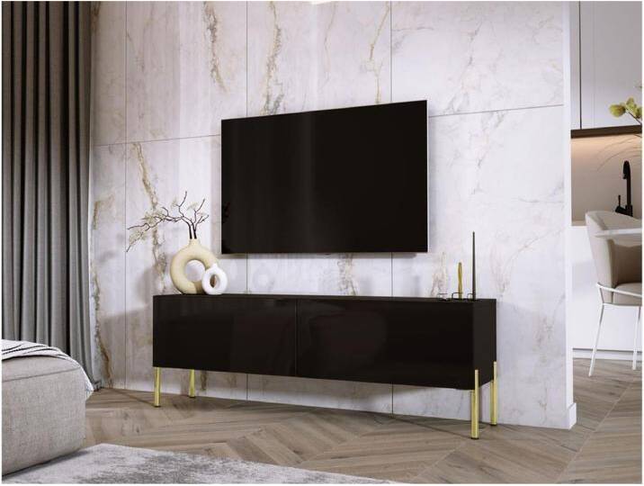 TV-Schrank: Mattschwarz / Hochglanzschwarz, goldene Beine, 140 x 52 x 32 cm TV-Schrank: Mattschwarz / Hochglanzschwarz, goldene Beine, 140 x 52 x 32 cm von Kauf-Unique Marketplace