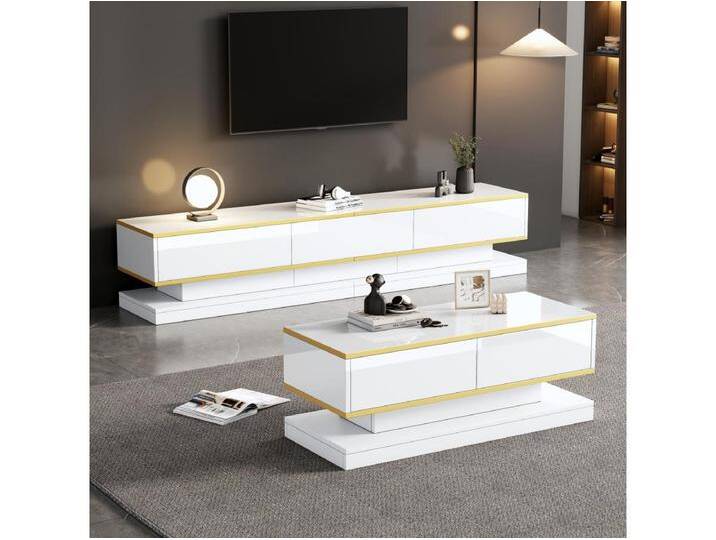 TV-Ständer + Couchtisch-Set - glänzend - TV-Ständer mit 3 Schubladen + Tisch mit 2 Schubladen - Spanplatte - weiß von Kauf-Unique Marketplace