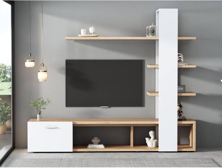 TV-Wand mit Stauraum – 3 Fächer und 3 Regale – Weiß und Natur von Kauf-Unique Marketplace