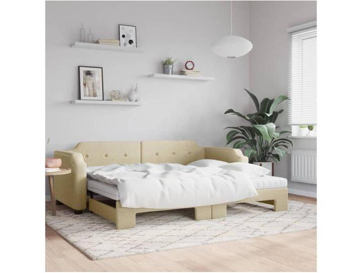 Tagesbett Ausziehbar mit Matratzen Creme 80x200 cm Stoff von Kauf-Unique Marketplace
