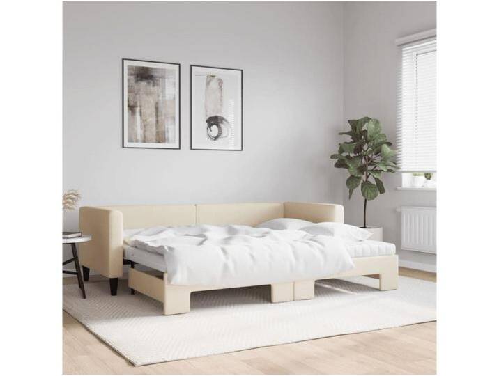 Tagesbett Ausziehbar mit Matratzen Creme 80x200 cm Stoff von Kauf-Unique Marketplace