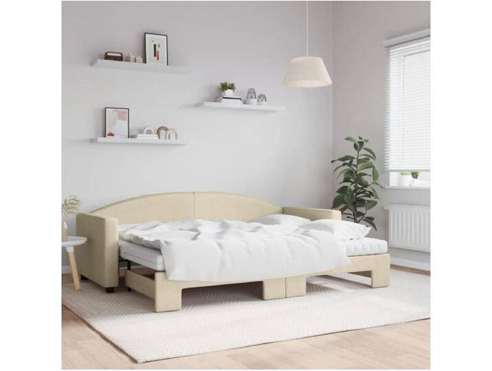 Tagesbett Ausziehbar mit Matratzen Creme 80x200 cm Stoff von Kauf-Unique Marketplace
