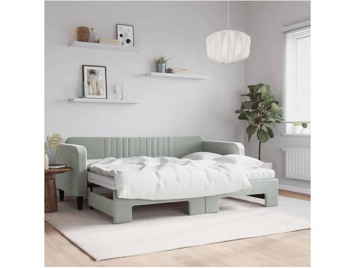 Tagesbett Ausziehbar mit Matratzen Hellgrau 80x200 cm Samt von Kauf-Unique Marketplace