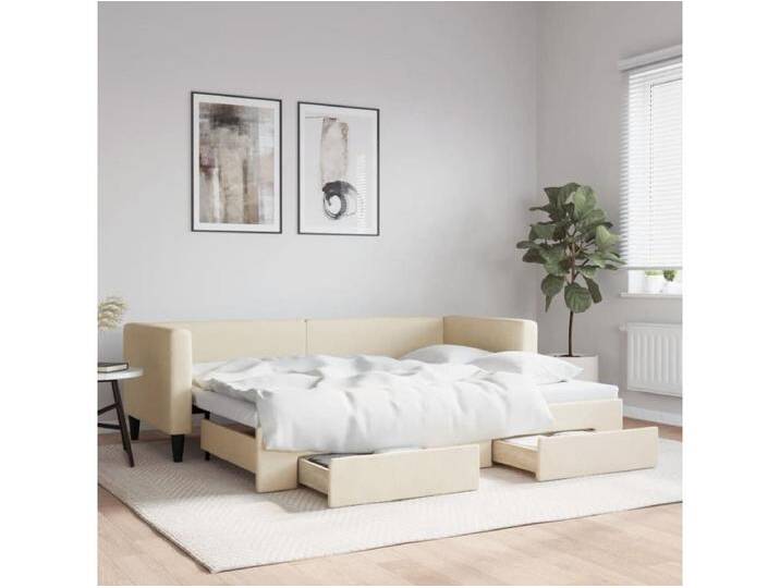Tagesbett Ausziehbar mit Schubladen Creme 80x200 cm Stoff von Kauf-Unique Marketplace