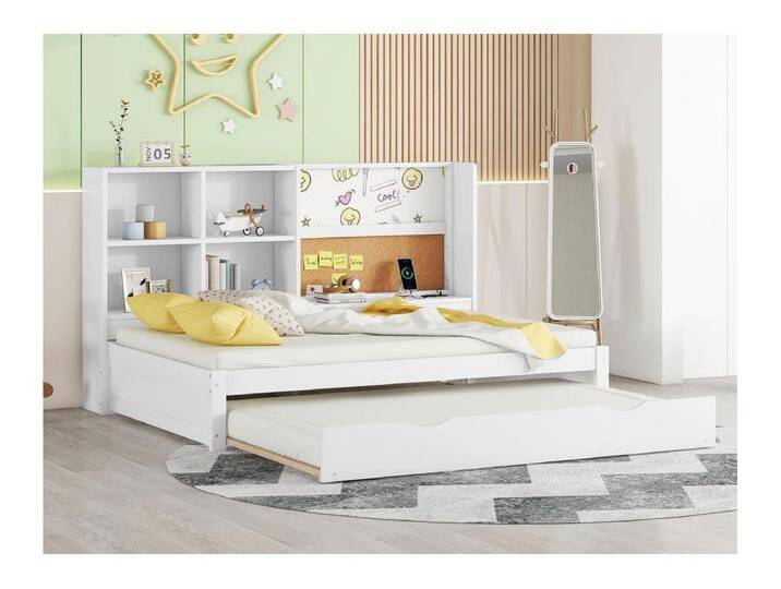 Tagesbett mit ausziehbarem Bett – 90 x 200 cm – mit Zeichenbrett und Ablagefächern – Weiß von Kauf-Unique Marketplace