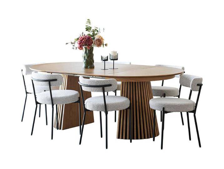 Tokyo Essgruppe Esstisch inkl. 2 Einlegeplatten Ø120x120-160-200 cm Eichenfurnier und 6 Stühle Bouclé Weiß. von Kauf-Unique Marketplace