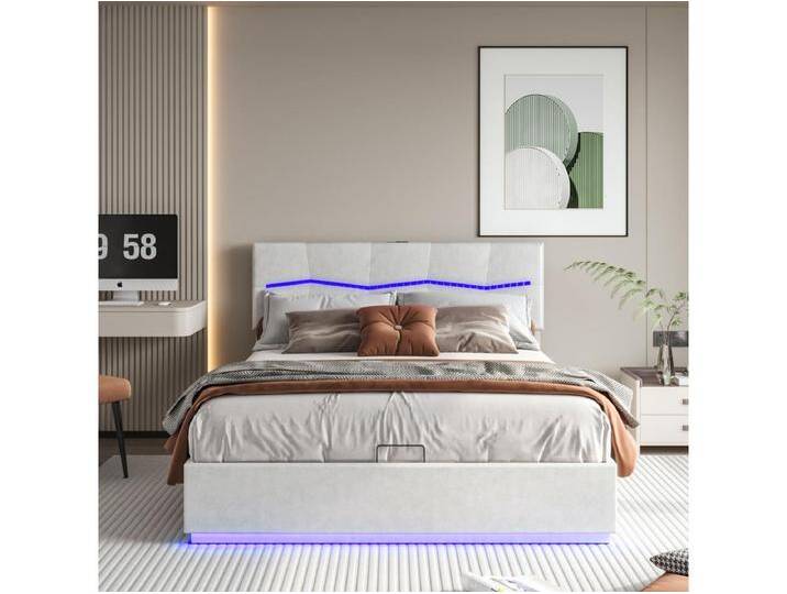Truhenbett 160 x 200 cm mit LED-Beleuchtung und USB-Aufladung – hydraulisch – Doppelbett – PU – Beige von Kauf-Unique Marketplace