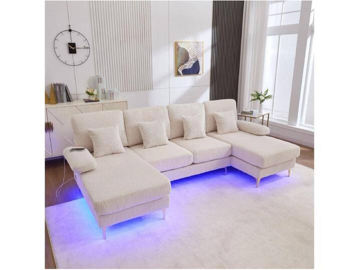 U-Sofa - 265 x 135 x 88 cm - mit LEDs + USB-C-Anschluss + 4 Kissen - Samt - Beige von Kauf-Unique Marketplace