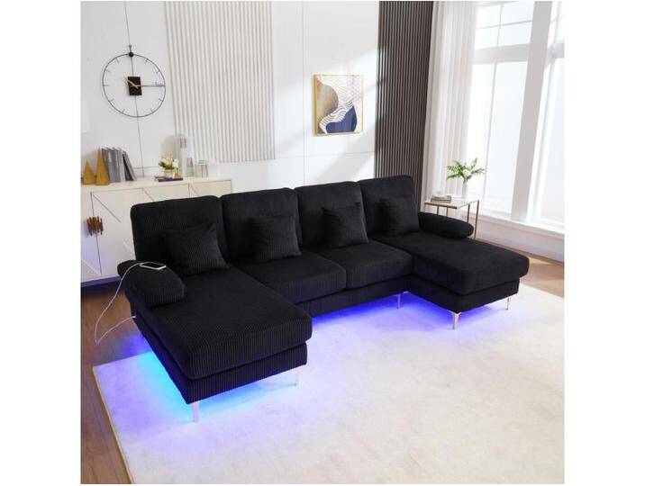 U-Sofa - 265 x 135 x 88 cm - mit LEDs + USB-C-Anschluss + 4 Kissen - Samt - Schwarz U-Sofa - 265 x 135 x 88 cm - mit LEDs + USB-C-Anschluss + 4 Kissen - Samt - Schwarz von Kauf-Unique Marketplace