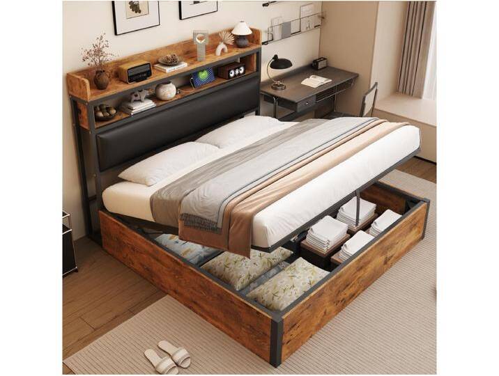 Vintage-Bett mit Stauraum – 180 x 200 – mit USB + gepolstertem Kopfteil mit Stauraum – Metall + Stoff + MDF – schwarz von Kauf-Unique Marketplace