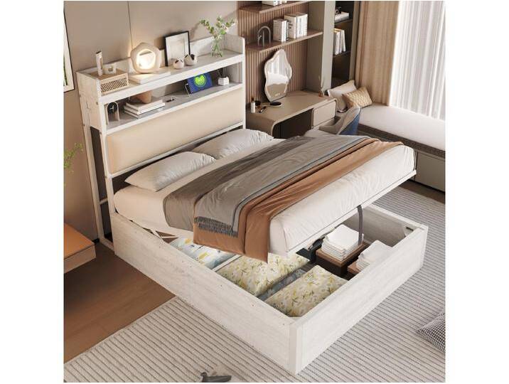 Vintage-Bett mit Stauraum – 90 x 200 – mit USB + gepolstertem Kopfteil mit Stauraum – Metall + Stoff + MDF – weiß Vintage-Bett mit Stauraum – 90 x 200 – mit USB + gepolstertem Kopfteil mit Stauraum – Metall + Stoff + MDF – weiß von Kauf-Unique Marketplace