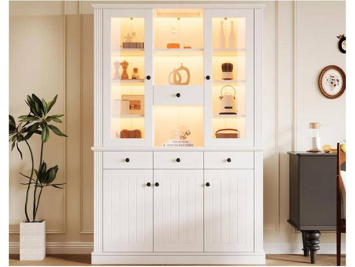 Vitrine 119,5×40×180 cm - mit 4 Schubladen und 5 Türen - mit LED-Beleuchtung - 21 Aufbewahrungsfächer - MDF - Weiß von Kauf-Unique Marketplace