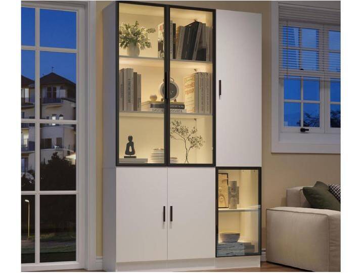 Vitrine 120×35×200 cm - Glastüren - 6 Türen - mit LED-Beleuchtung - Spanplatte + Sicherheitsglas - weiß von Kauf-Unique Marketplace