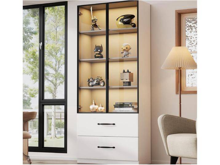 Vitrine 60×40×160 cm - mit LED-Beleuchtung - 2 Glastüren und 2 Schubladen - Aluminium-Gestell - weiß von Kauf-Unique Marketplace