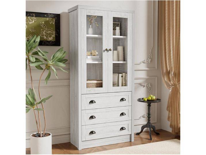 Vitrine 80x34x171 cm - mit 2 Glastüren - 3 Schubladen - grau + natur von Kauf-Unique Marketplace