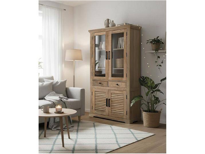 Vitrine aus Mangoholz mit Glas und zwei Schubladen von Kauf-Unique Marketplace