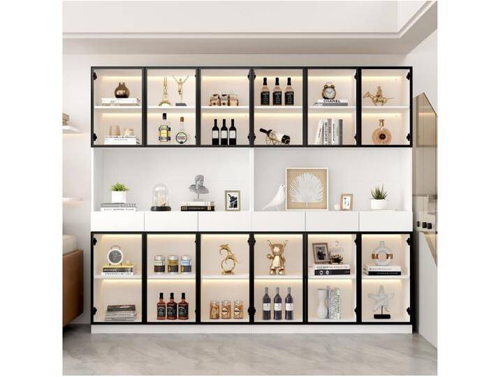 Vitrine mit 12 Glastüren und 6 Schubladen - 240 x 36 x 200 cm - LEDs - Spanplatte - Weiß von Kauf-Unique Marketplace