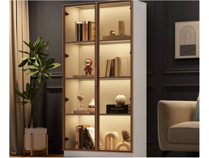 Vitrine mit 2 Glastüren, hohes Sideboard – LEDs – 80 x 40 x 160 cm – Spanplatte – Weiß Vitrine mit 2 Glastüren, hohes Sideboard – LEDs – 80 x 40 x 160 cm – Spanplatte – Weiß von Kauf-Unique Marketplace