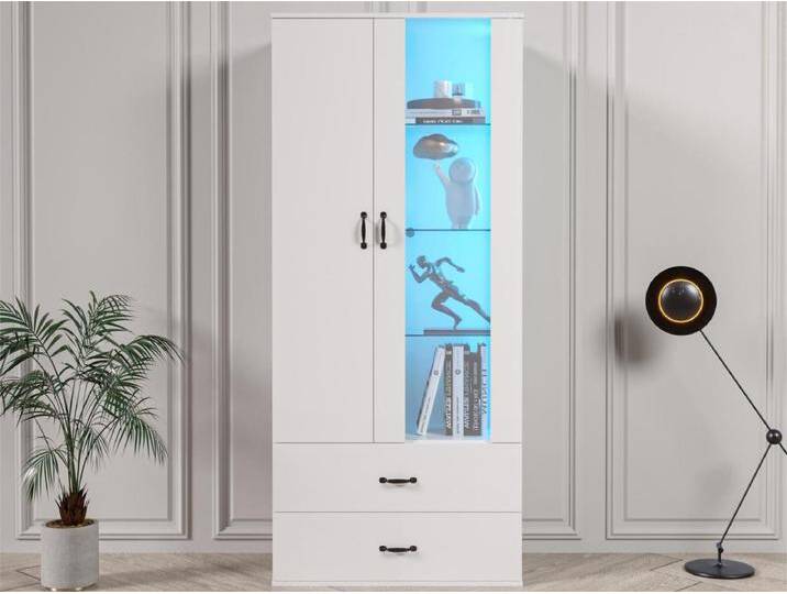 Vitrine mit 2 Türen und 2 Schubladen und LED – für Wohnzimmer, Büro oder Küche – Höhe 180 cm – Weiß Vitrine mit 2 Türen und 2 Schubladen und LED – für Wohnzimmer, Büro oder Küche – Höhe 180 cm – Weiß von Kauf-Unique Marketplace