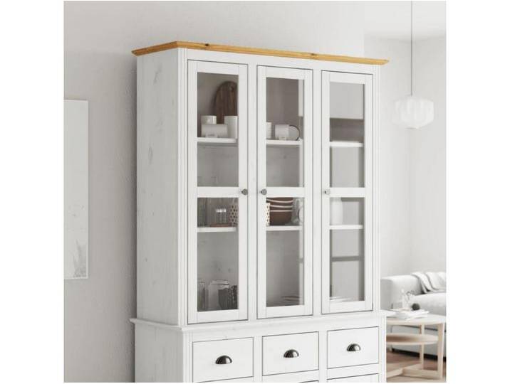 Vitrinenschrank mit Glastüren BODO Weiß und Braun Kiefernholz von Kauf-Unique Marketplace