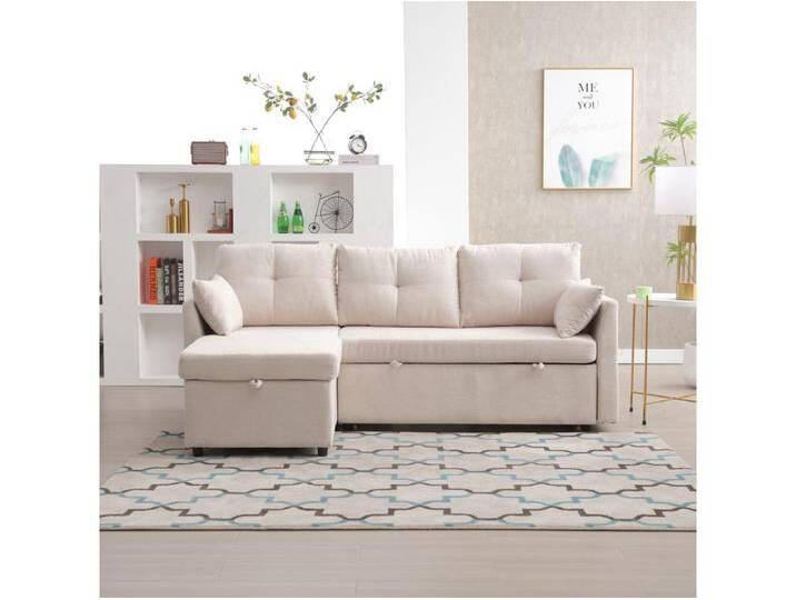 Wandelbares Ecksofa mit Stauraum und ausziehbarer Chaiselongue, beigefarbenes Leinen – für Wohnzimmer oder Studio von Kauf-Unique Marketplace
