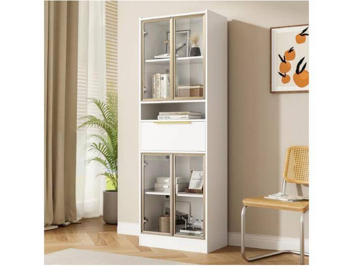 Weiße Vitrine - Vitrine mit 4 Glastüren und 1 Schublade - LED-beleuchtung und bluetooth - für wohnzimmer und schlafzimmer von Kauf-Unique Marketplace