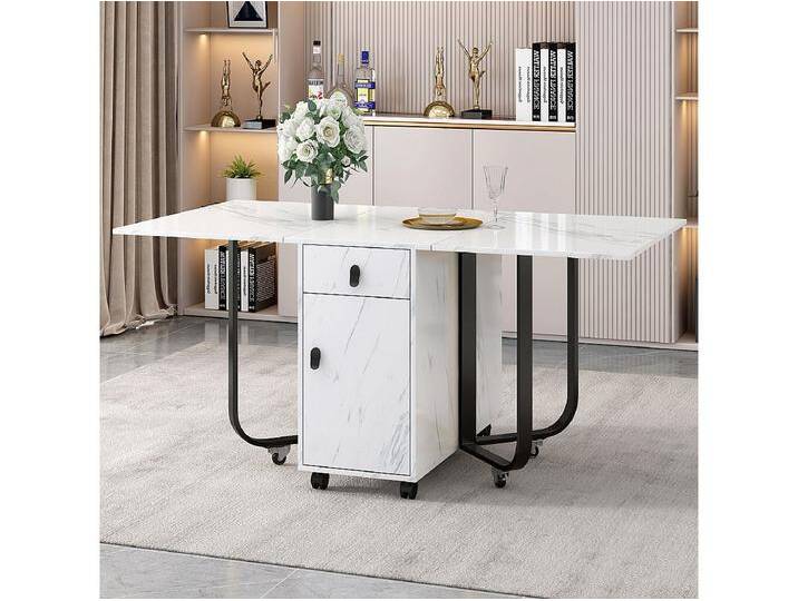 Weißer Esstisch mit Rollen – Klappbarer Esstisch mit 2 Schubladen und 2 Türen – 4 schwarze Beine Weißer Esstisch mit Rollen – Klappbarer Esstisch mit 2 Schubladen und 2 Türen – 4 schwarze Beine von Kauf-Unique Marketplace