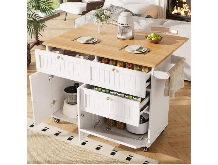 Weißer Küchenwagen mit klappbarer Arbeitsplatte in Holzoptik und Stauraum – ideal für Wohnzimmer und Küchen Weißer Küchenwagen mit klappbarer Arbeitsplatte in Holzoptik und Stauraum – ideal für Wohnzimmer und Küchen von Kauf-Unique Marketplace