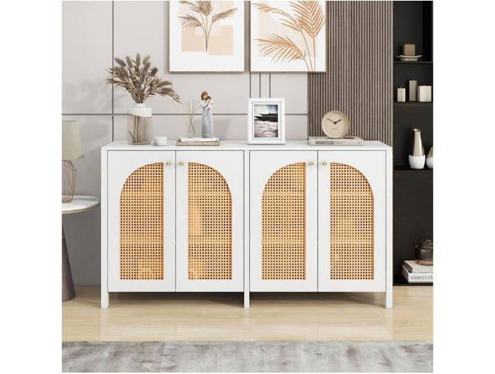 Weißes Sideboard mit 4 Rattantüren und verstellbaren Einlegeböden, Metallgriffe, für Wohn- und Esszimmer von Kauf-Unique Marketplace