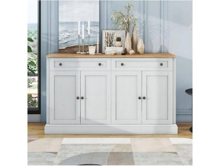 Weißes Sideboard mit 4 Türen und 2 Schubladen, verstellbaren Einlegeböden, Platte in Holzoptik – für Wohnzimmer oder Küche von Kauf-Unique Marketplace