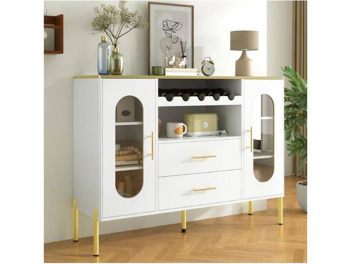 Weißes Sideboard mit Weinregal – Sideboard mit 2 Türen und 2 Schubladen – verstellbarer Sockel – Ideal für Esszimmer und Wohnzimmer von Kauf-Unique Marketplace